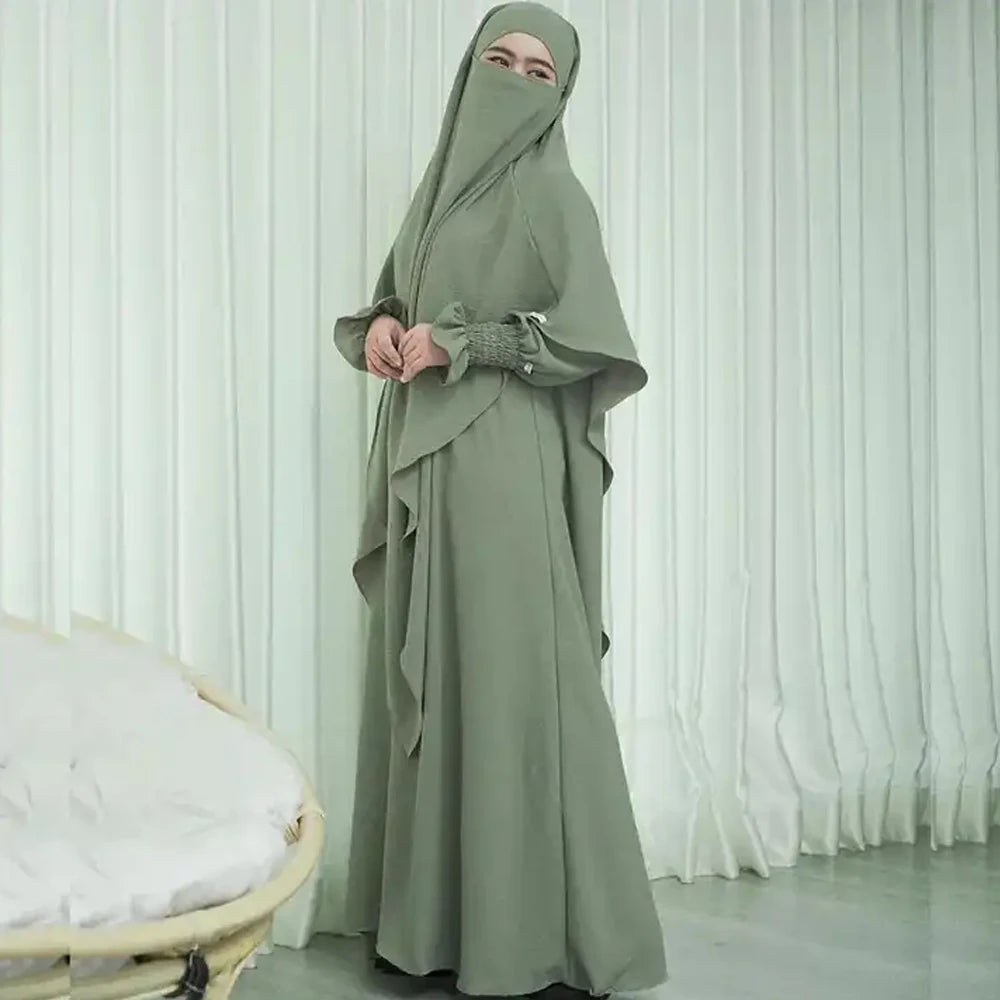 Fashionable 2 Layer Khimar paired with a flowing Long Dress - enhances modern modest fashion